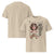 Beige t-shirt with a graphic of a woman holding a coffee cup and text, shown from front and back.