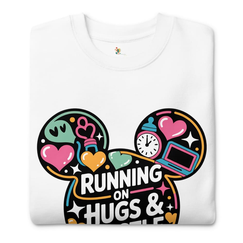 White sweatshirt with colorful graphic design and text 'Running on Hugs & Coffee' on a white background