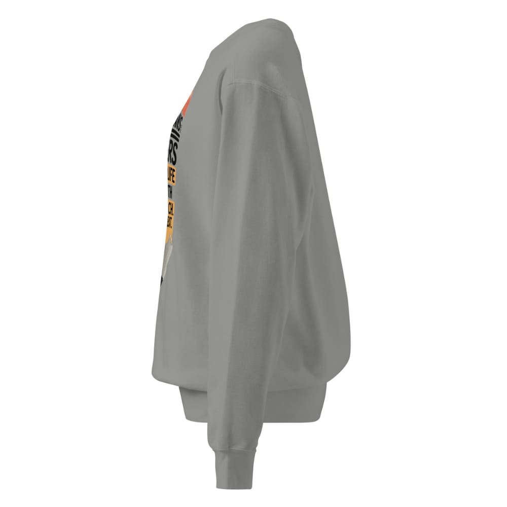 Gray sweatshirt with a colorful graphic on the sleeve against a white background