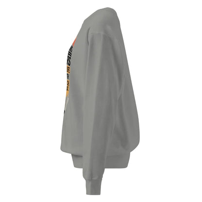 Gray sweatshirt with a colorful graphic on the sleeve against a white background