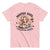 Pink t-shirt with a graphic of a woman holding a coffee cup and text 'Mommin' Hard, Caffeinating Harder' on a white background.