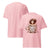 Pink t-shirt with a graphic design of a person holding a coffee cup and text on the front, shown from front and back views.