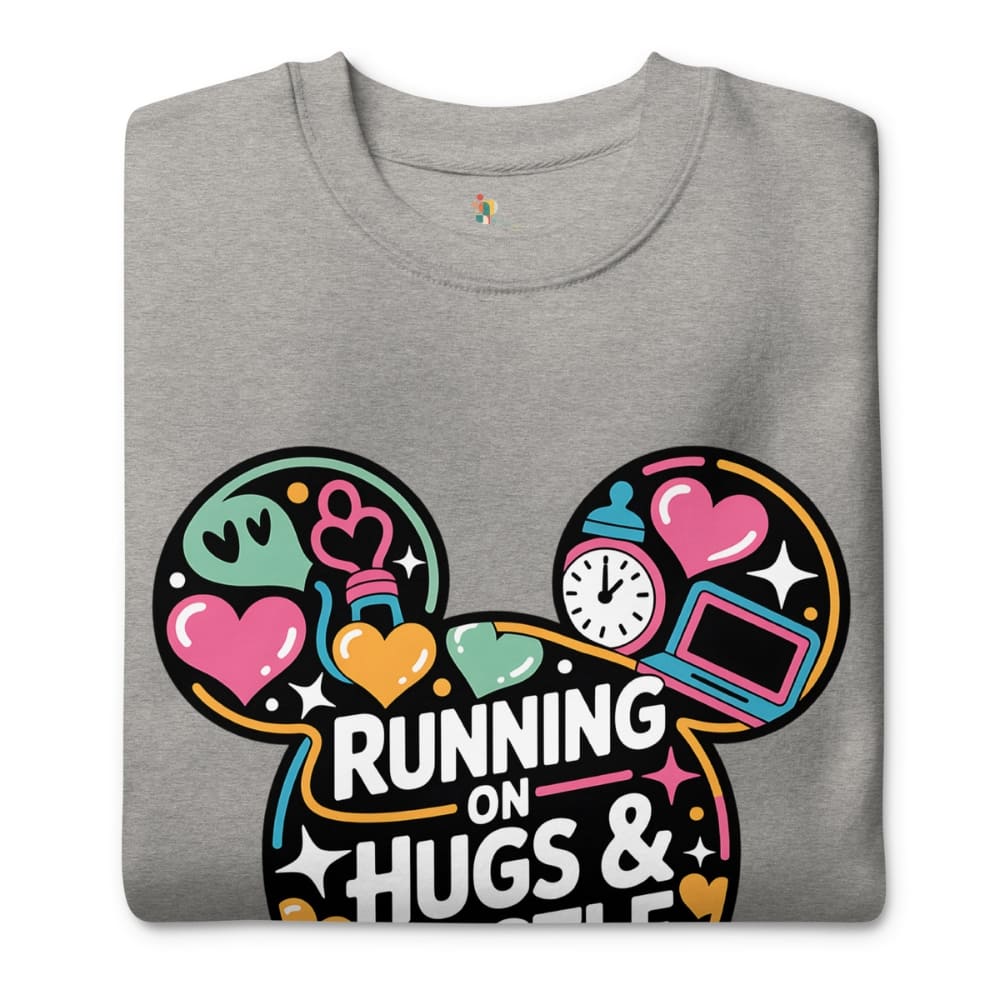 Gray t-shirt with colorful graphic design and text 'Running on Hugs & Coffee' on a white background