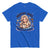 Blue t-shirt with a graphic of a woman holding a coffee cup and text 'Mommin' Hard, Caffeinating Harder' on a white background.