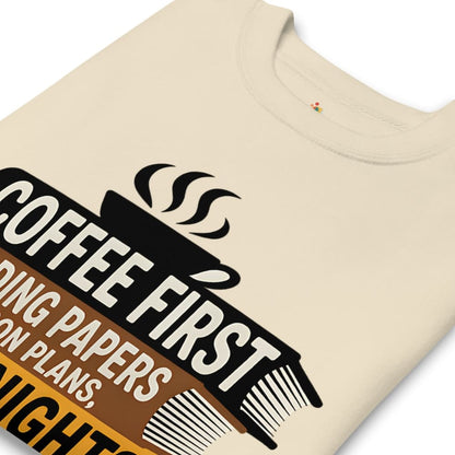 Beige t-shirt with a graphic design featuring text and a coffee cup on a white background