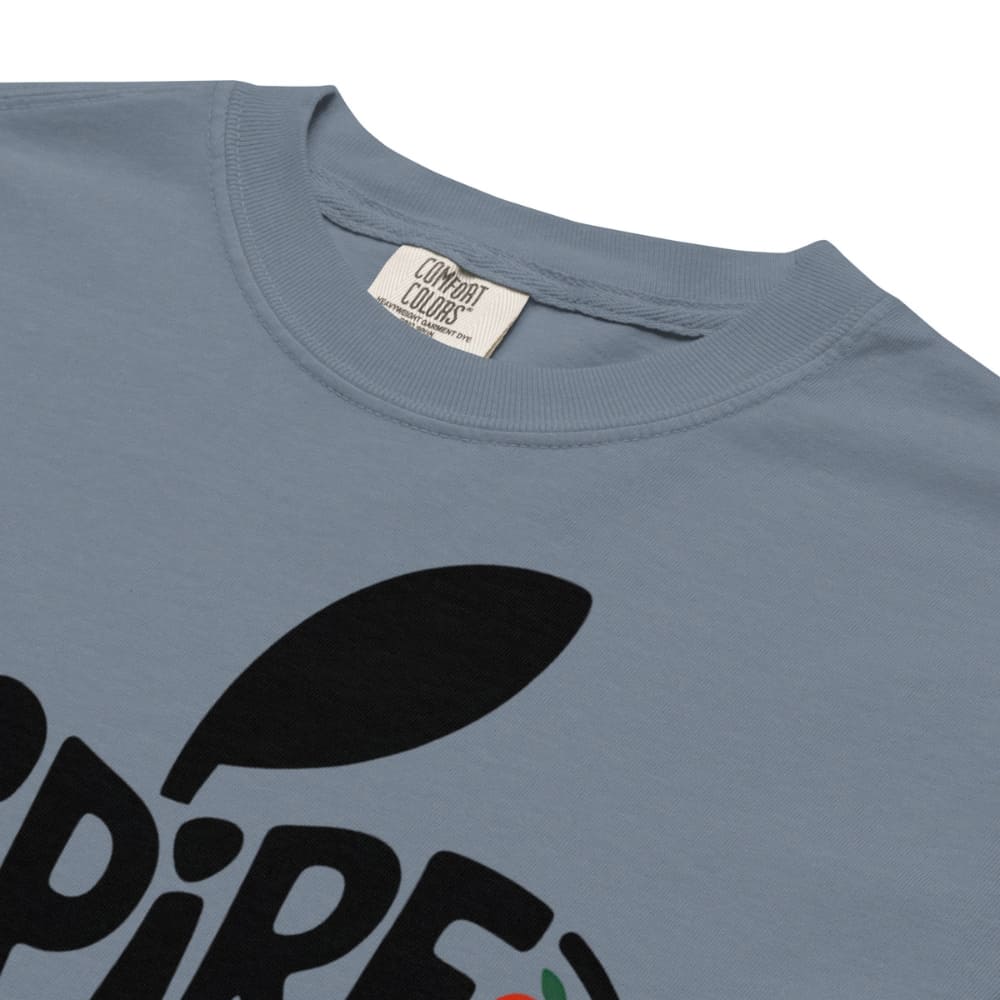 Blue t-shirt with black logo and 'Comfort Colors' label on a white background