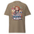 Brown t-shirt with colorful graphic and text on a white background
