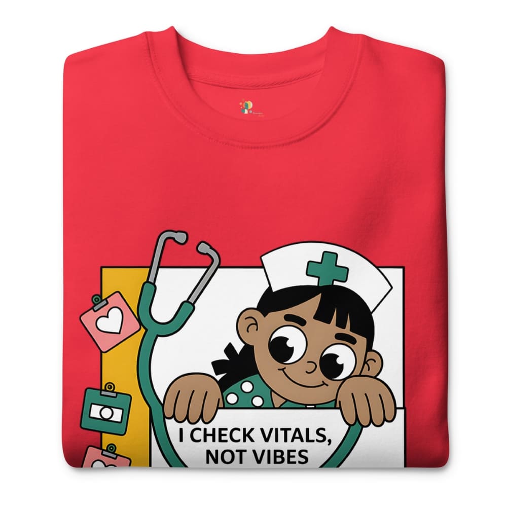 Red t-shirt with a cartoon nurse character and text on a white background