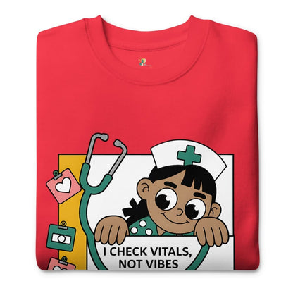 Red t-shirt with a cartoon nurse character and text on a white background