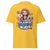 Yellow t-shirt with cartoon character and text on a white background