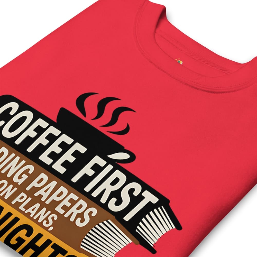 Red t-shirt with 'Coffee First' graphic design on a white background