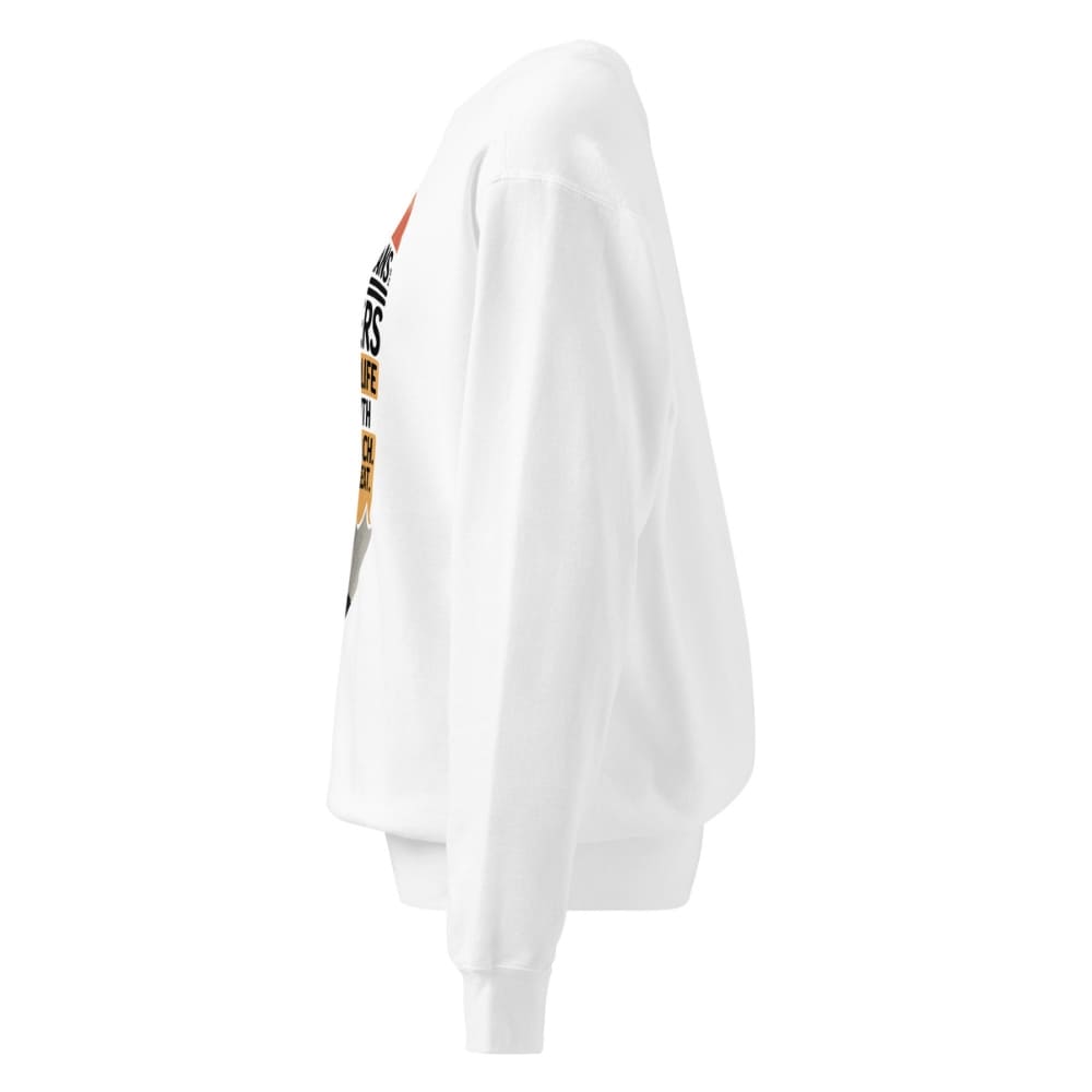 White sweatshirt with colorful text on sleeve against a white background
