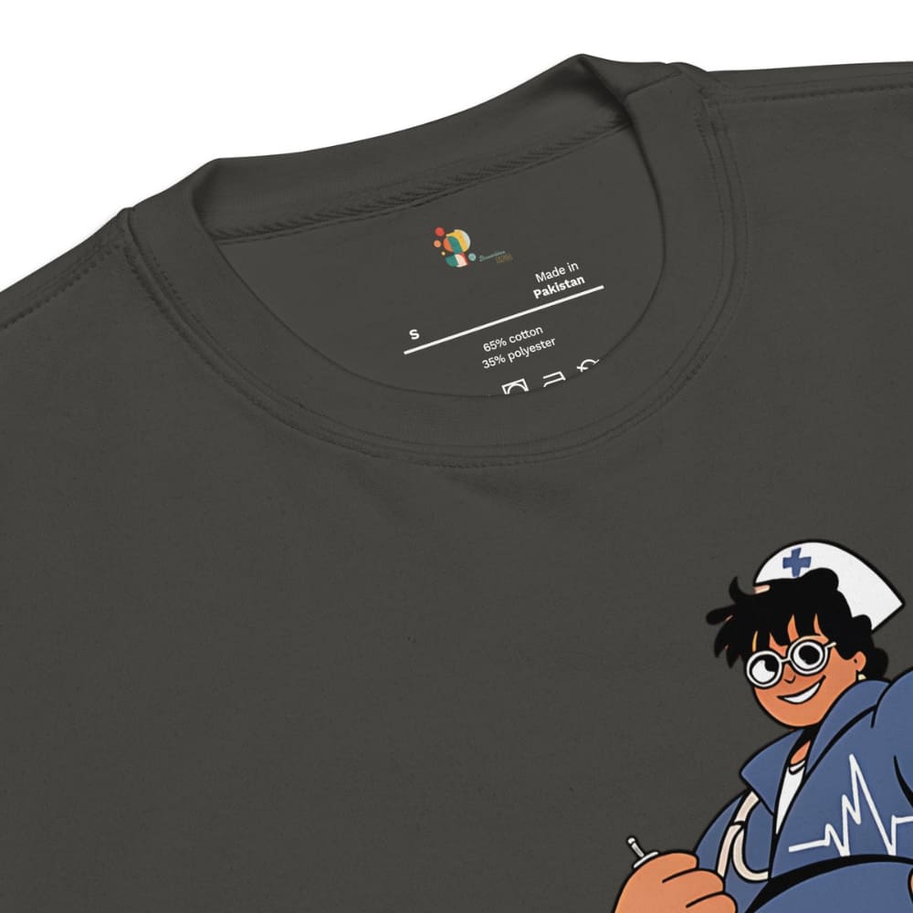 Black t-shirt with a cartoon character on the sleeve, showing label details.