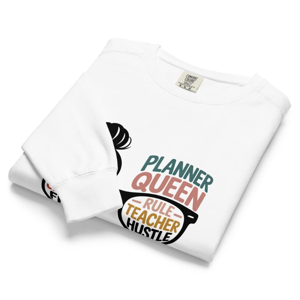 White t-shirt with colorful text design on a white background