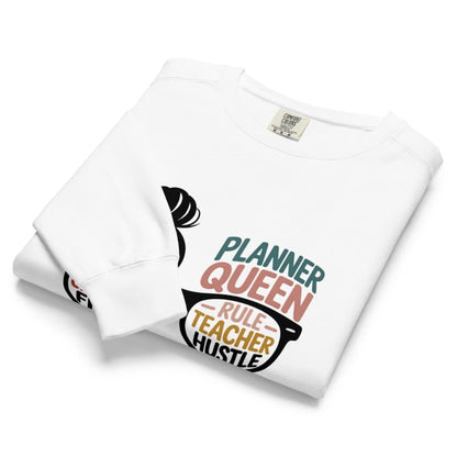 White t-shirt with colorful text design on a white background