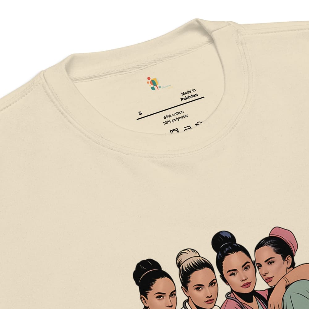 Beige t-shirt with graphic of four women and brand logo on the collar.