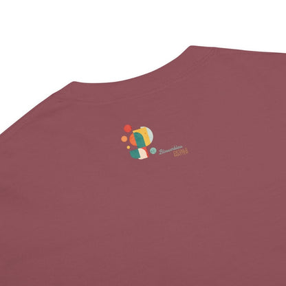 Maroon t-shirt with a colorful logo on a white background
