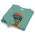Folded teal sweatshirt with colorful text design on a white background