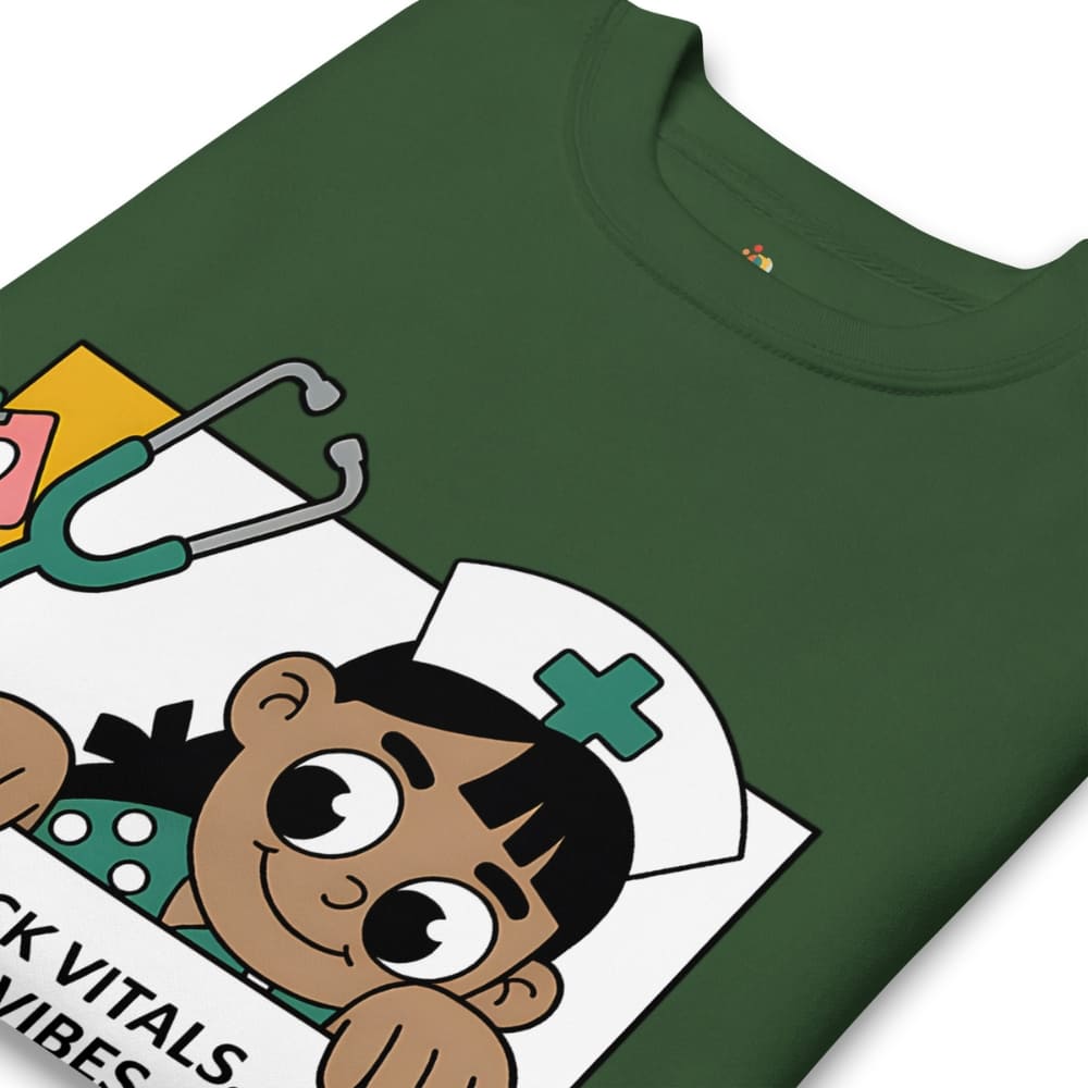 Green t-shirt with a cartoon character and medical-themed design on a white background