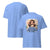 Light blue t-shirt with a graphic design and text on a white background