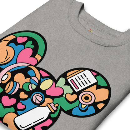 Gray t-shirt with colorful abstract design featuring hearts, bottles, and other shapes.