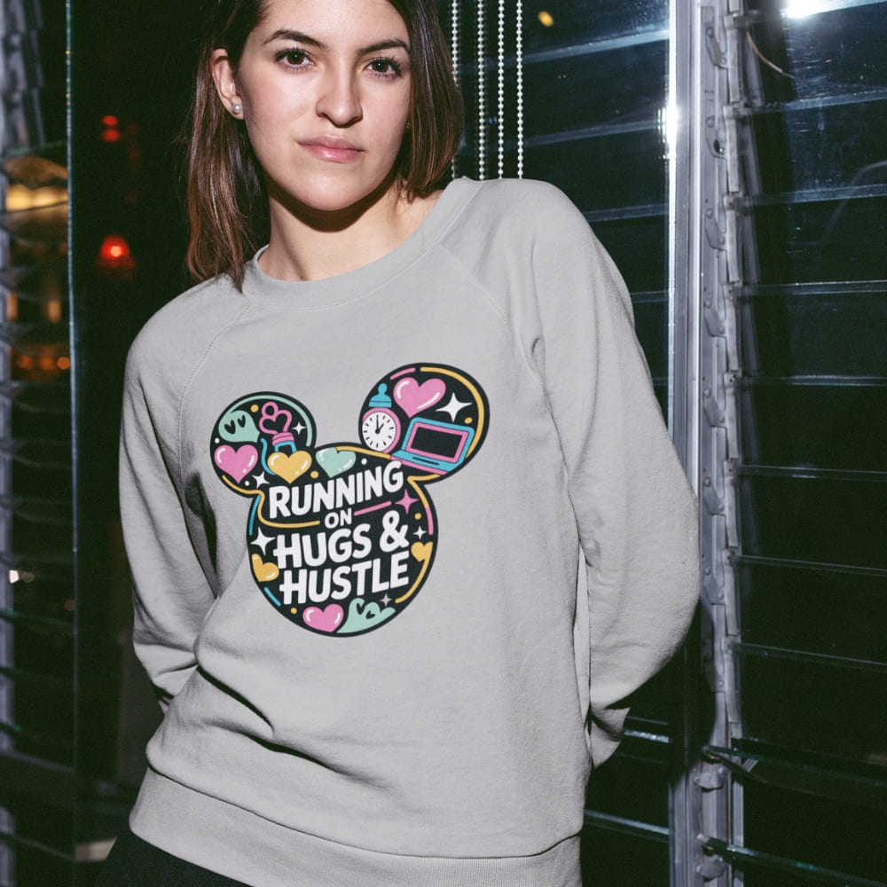 Person wearing a gray sweatshirt with colorful graphic design and text.