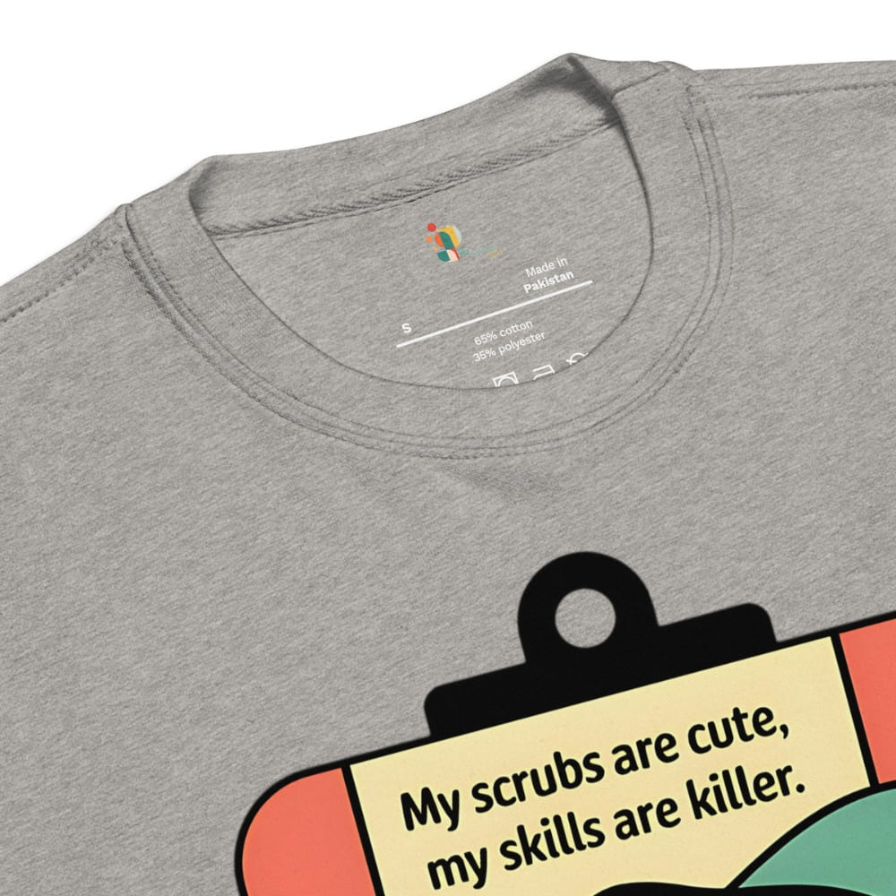 Gray t-shirt with a graphic design and text on a white background