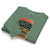 Folded green sweatshirt with text design on a white background