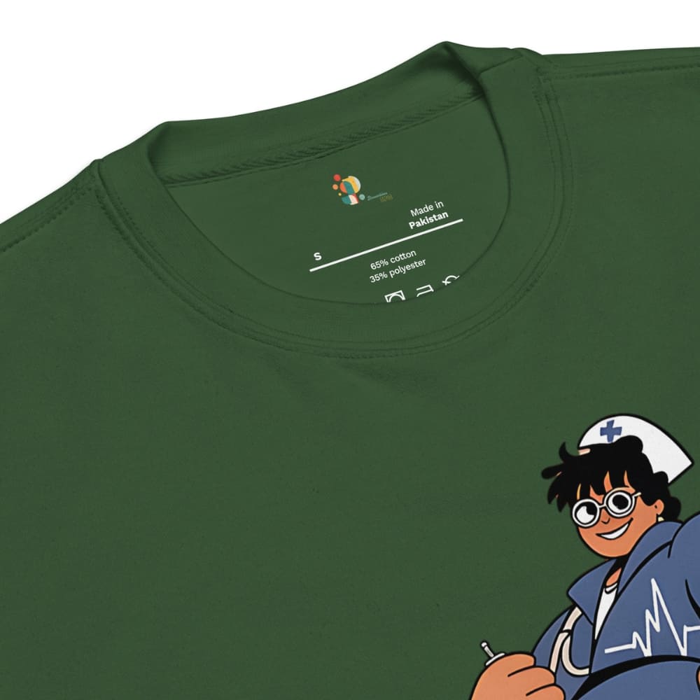 Green t-shirt with a cartoon character on the sleeve, showing 'Made in Pakistan' text.