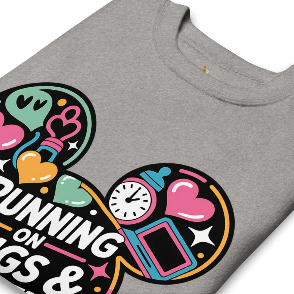 Gray t-shirt with colorful graphic design featuring text and icons on a white background