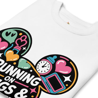 White t-shirt with colorful graphic design featuring text and symbols on a white background