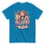 Blue t-shirt with colorful graphic and text on a white background
