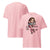 Pink t-shirt with a cartoon character and text on a white background