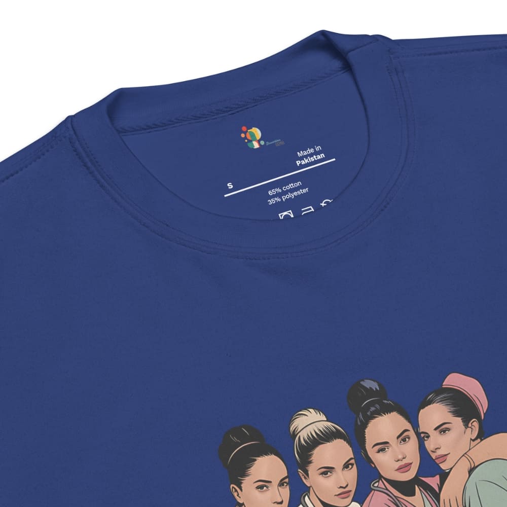 Blue t-shirt with graphic of four women and 'Made in Pakistan' label