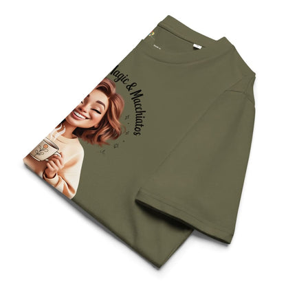 Folded green t-shirt with a graphic design on a white background