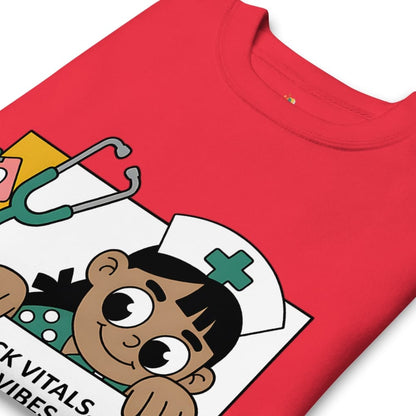 Red t-shirt with a cartoon character and medical-themed design on a white background