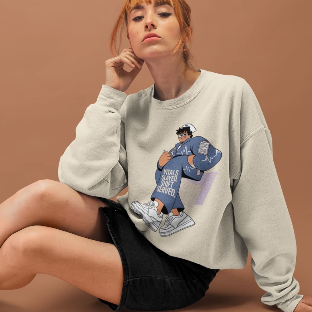 Woman wearing a gray sweatshirt with a graphic design on a brown background
