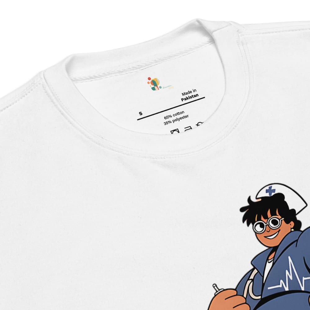 White t-shirt with cartoon character and text on a white background