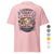 Pink t-shirt with a graphic design and text on a white background