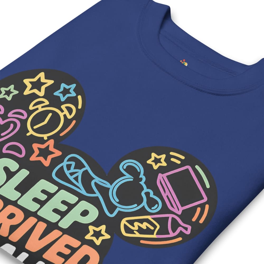 Blue t-shirt with colorful graphic design and text on a white background