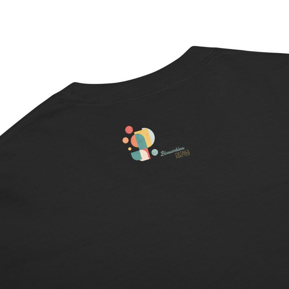 Black t-shirt with colorful geometric logo on a white background