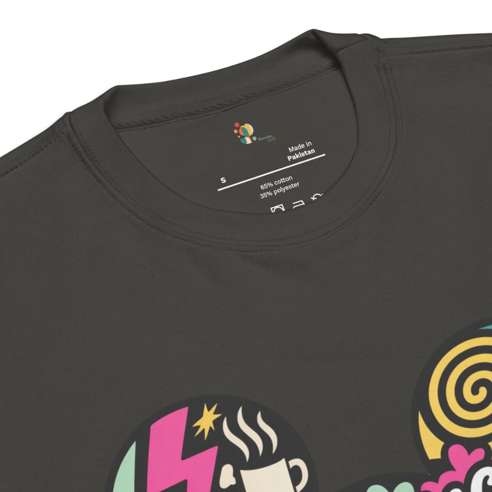 Black t-shirt with colorful graphics and text on a white background