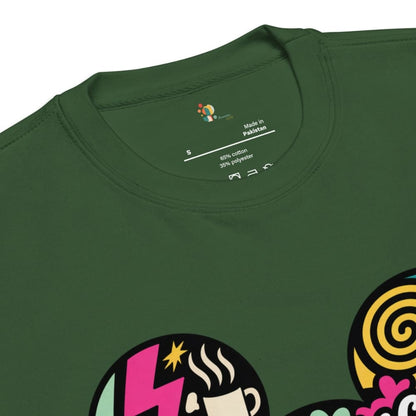 Green t-shirt with colorful graphics and text on a white background