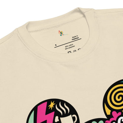Beige t-shirt with colorful graphic design on a white background