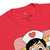 Red t-shirt with cartoon character wearing a nurse's hat on a white background