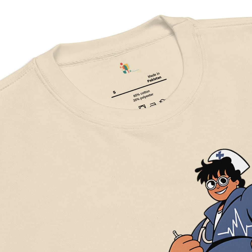 Beige t-shirt with cartoon character and text on a white background