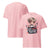 Pink t-shirt with cartoon character and text design on a white background