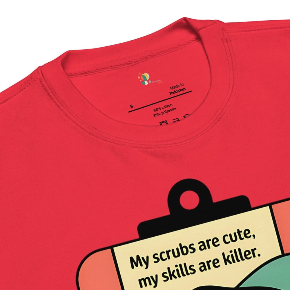 Red t-shirt with a graphic design and text on a white background