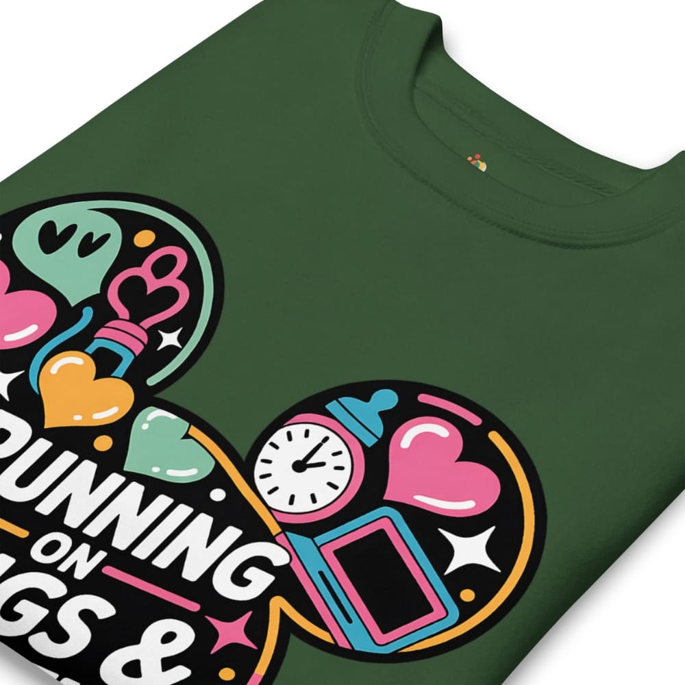 Green t-shirt with colorful graphic design and text on a white background