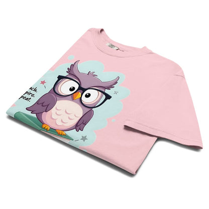 Cute purple owl with glasses sitting on stacked books, with quote "Teach. Inspire. Repeat." – printed on a teacher t-shirt